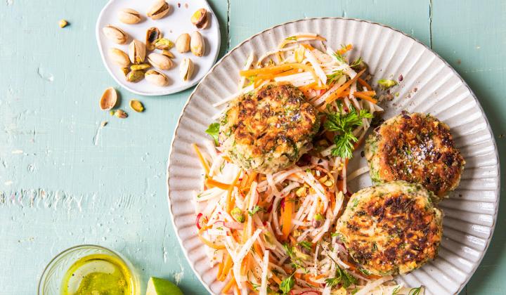 Bean-Pistachio Boulettes with Kohlraby Slaw