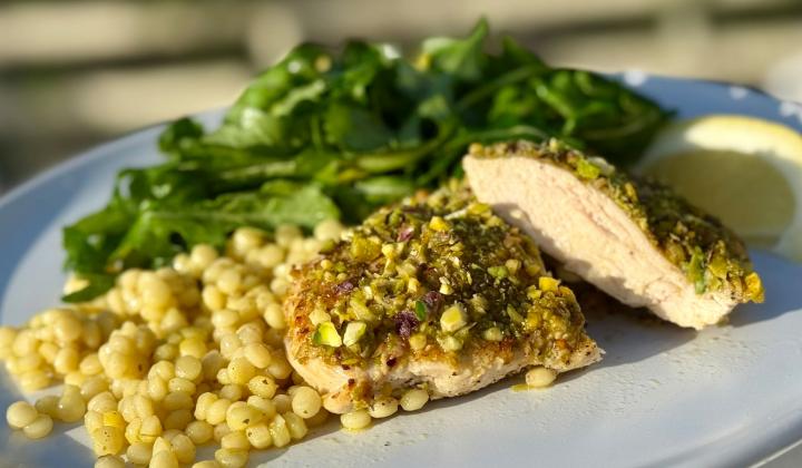 Pistachio-Crusted Chicken with Lemon Couscous and Greens