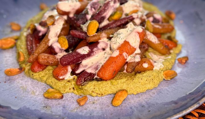 Pistachio Guac with Glazed Carrots