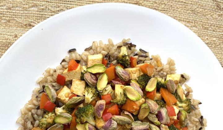 Tofu Pistachio Stir Fry Over Brown and Wild Rice